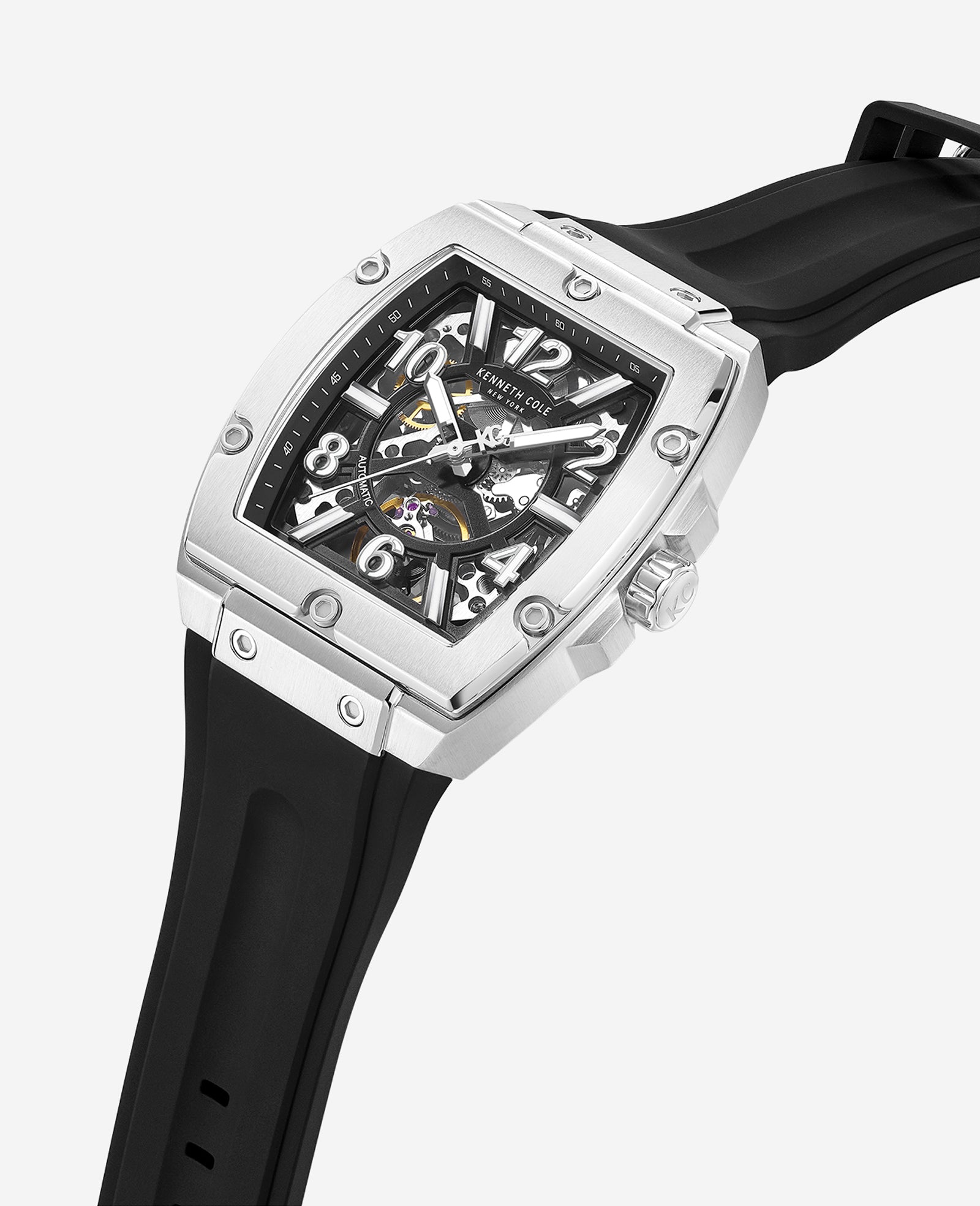 Kenneth Cole Reaction Watches Skeleton Automatic Silicone Strap Watch orologio nero