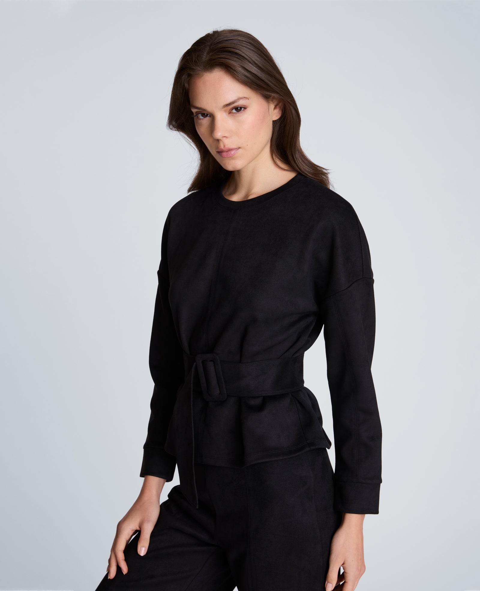 Kenneth Cole Reaction Clothing Long Sleeve Crew Neck with Belt abito nero