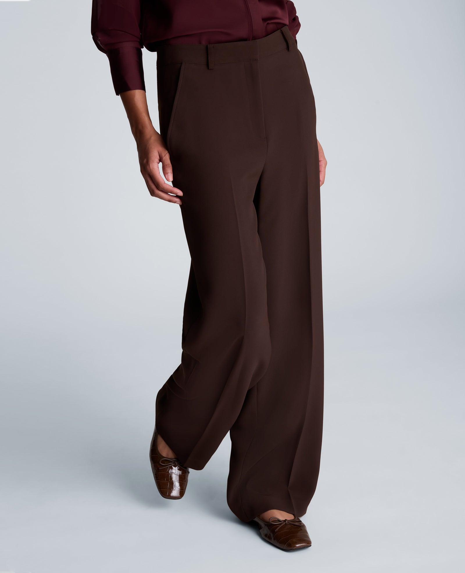 Kenneth Cole Reaction Clothing Fly Front High Rise Wide Leg Pants with Slash Pocket pantaloni Medium Bark vita alta