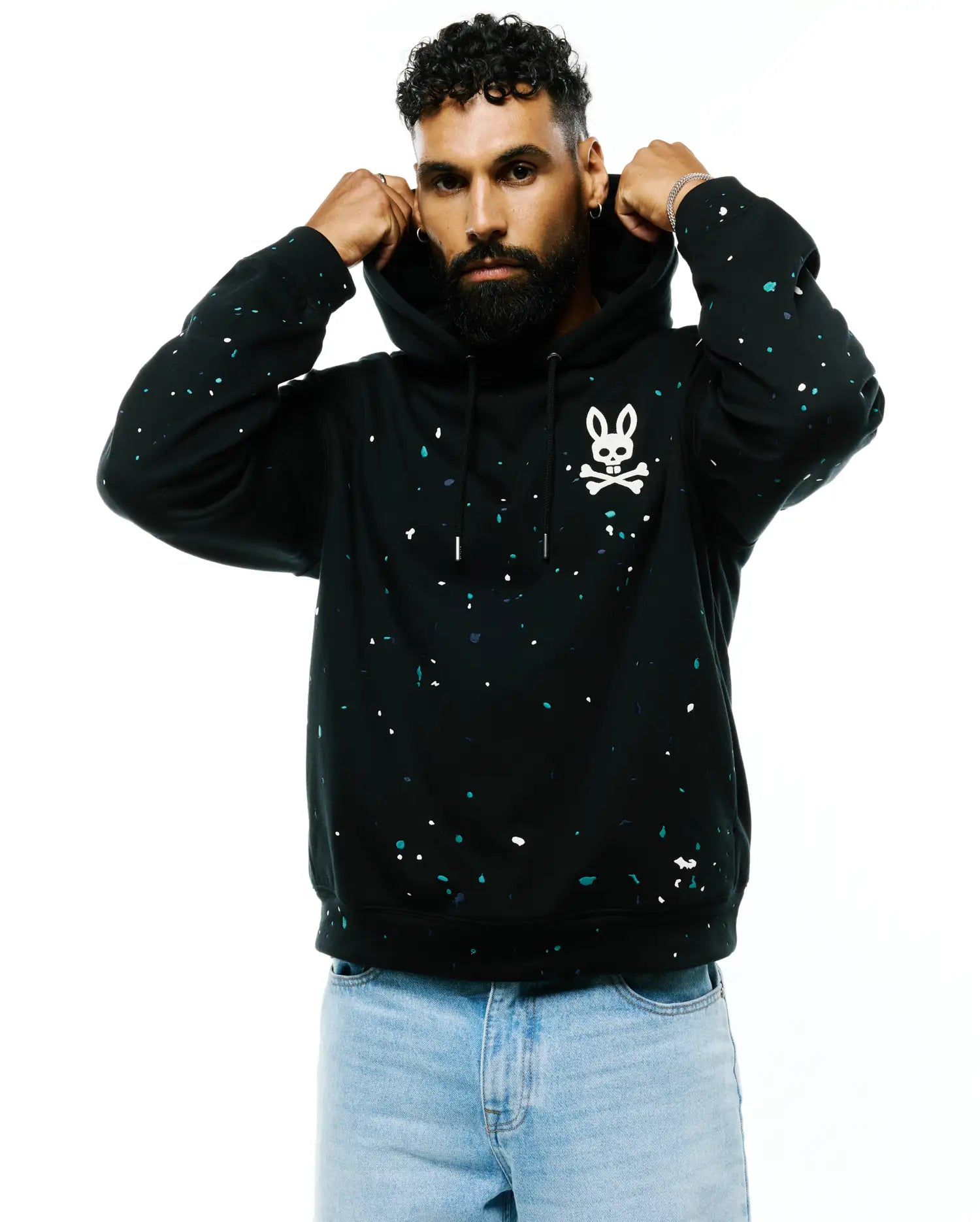 Psycho Bunny Men's Sweatshirts & Hoodies Malcolm Splatter Hoodie felpa nera ricamata