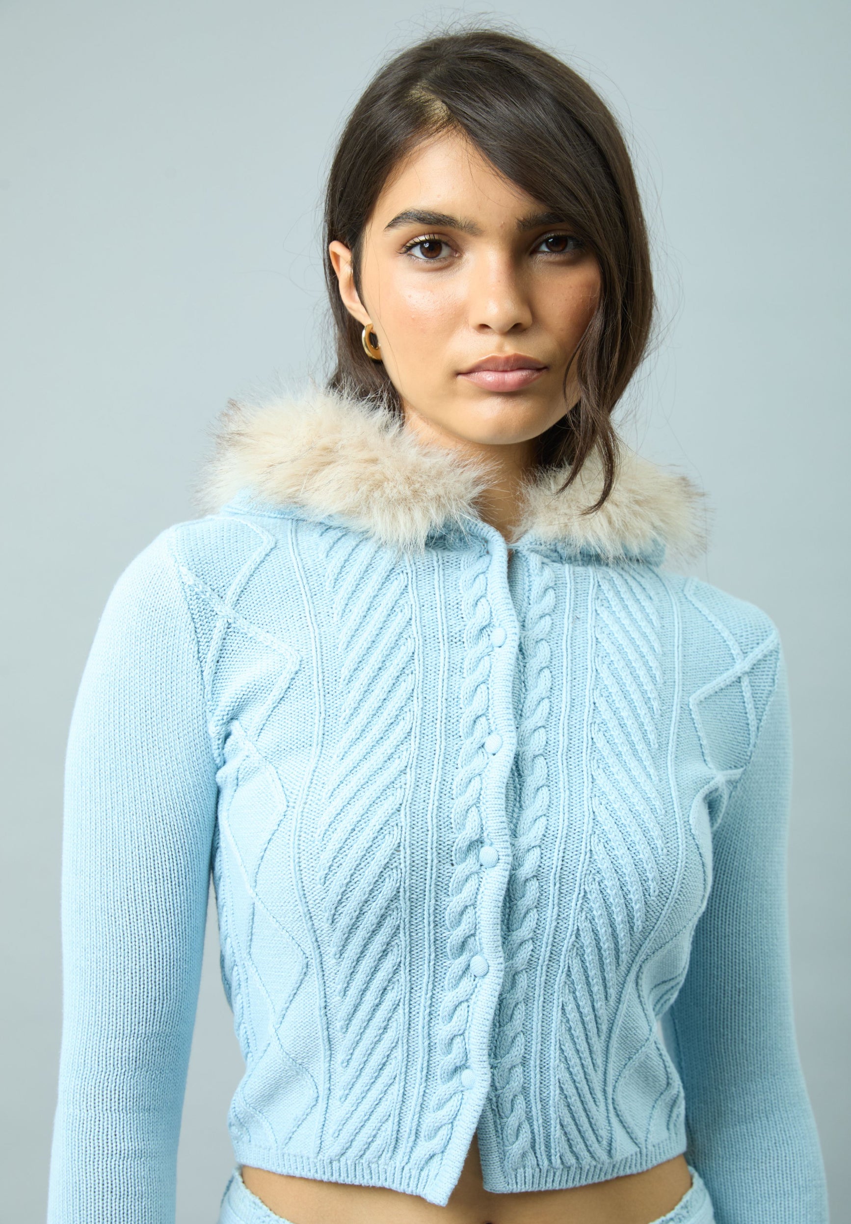 House Of Sunny Women's Knitwear PEGGY CARDIGAN cardigan azzurro con bordo in pelliccia taglie UK 6-18