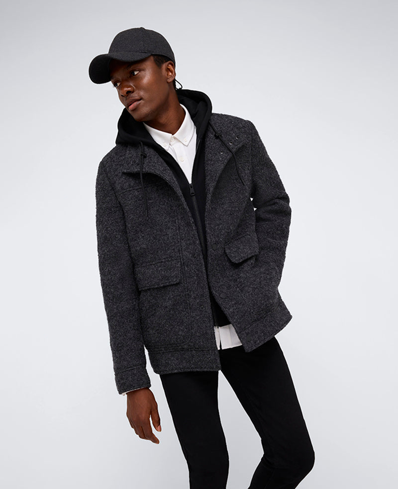 Kenneth Cole Reaction Clothing Boucle Wool Jacket with Attached Jersey Hood giacca antracite in lana