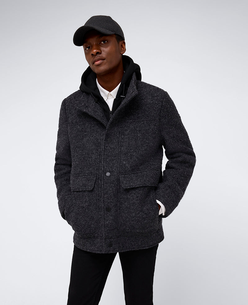 Kenneth Cole Reaction Clothing Boucle Wool Jacket with Attached Jersey Hood giacca antracite in lana