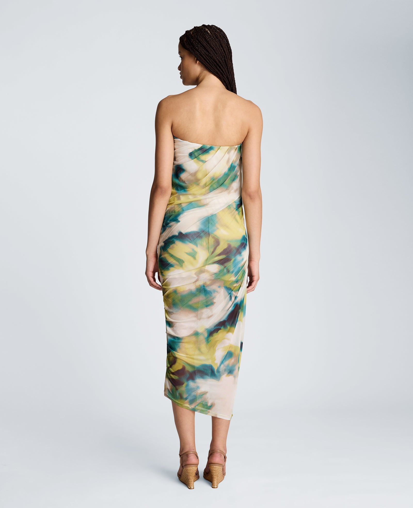 Kenneth Cole Reaction Clothing Strapless Ruched Dress abito midi nero multicolore stampato