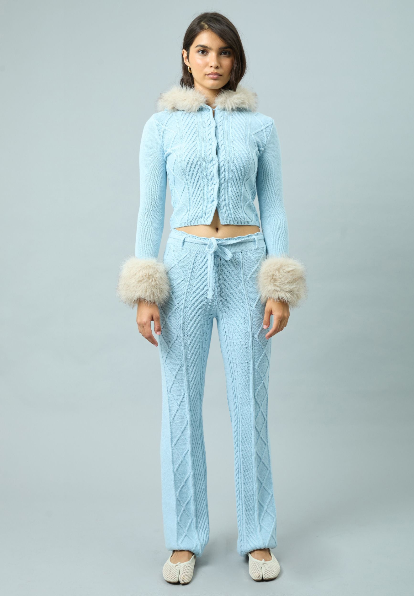 House Of Sunny Women's Knitwear PEGGY CARDIGAN cardigan azzurro con bordo in pelliccia taglie UK 6-18