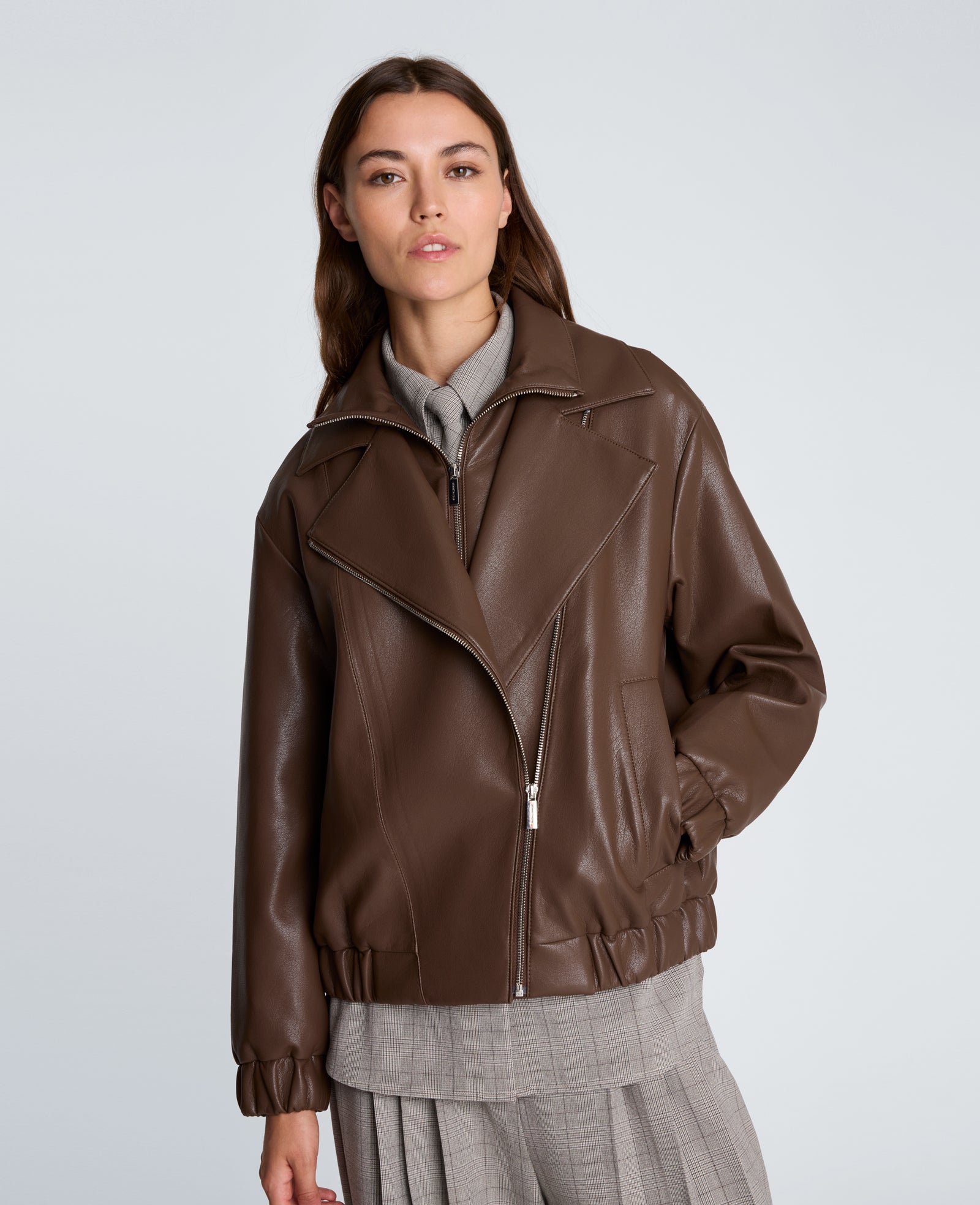 Kenneth Cole Reaction Clothing Asymmetrical Zip Faux Leather Jacket giacca ecopelle caffè