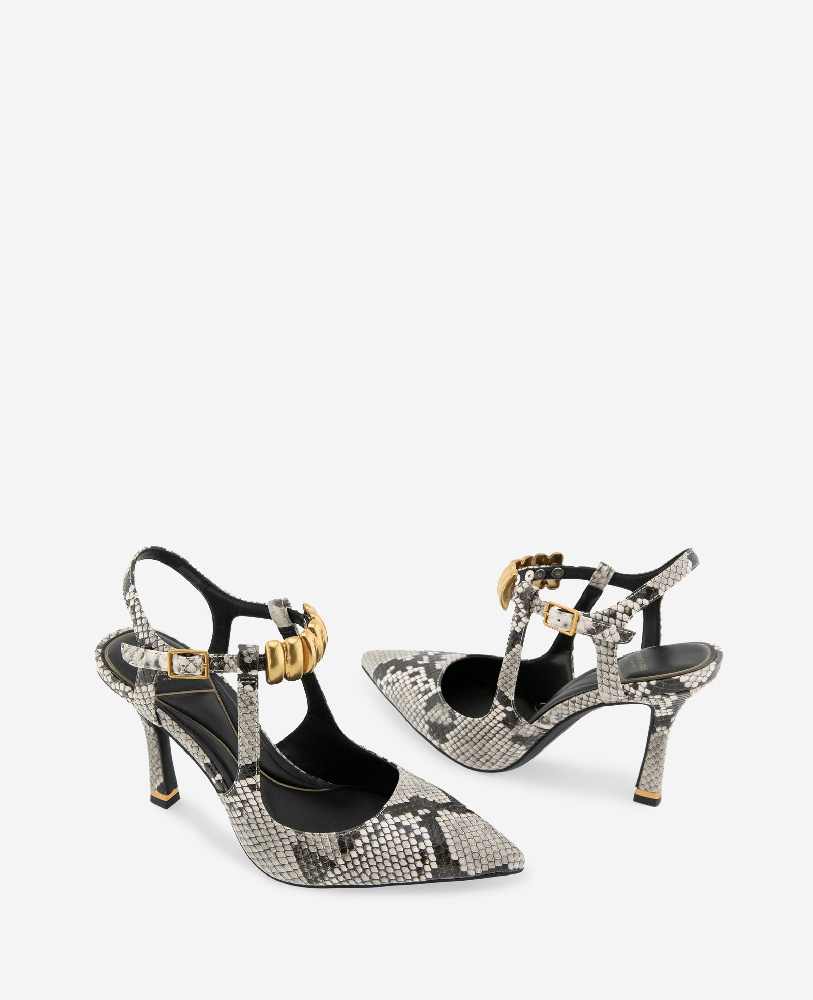 Kenneth Cole Reaction Shoes Romi Snake Print Hardware Ankle Slingback Heel slingback nero bianco stampa pitone