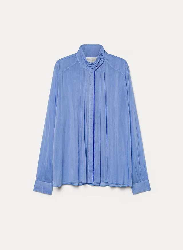 Forte camicia bohemien a collo alto blu Oxford