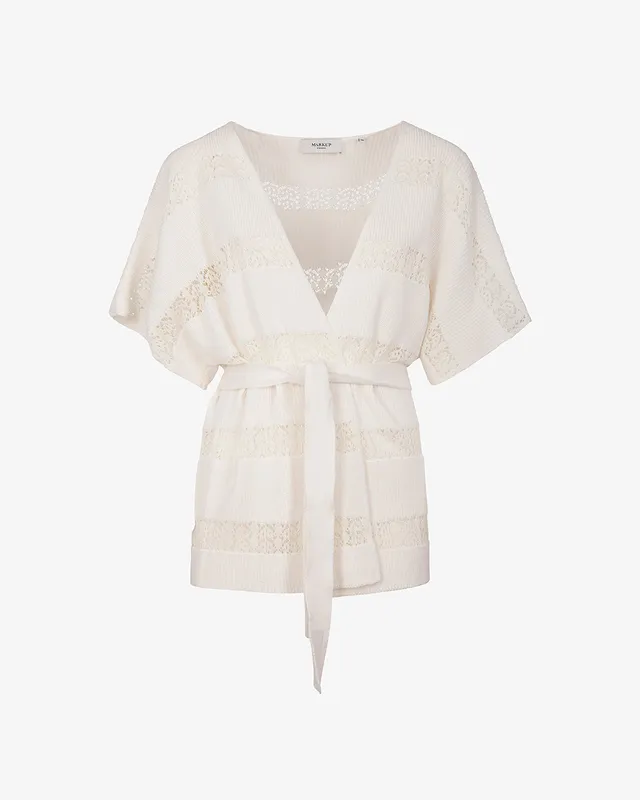 Markup Donna Maglieria Cardigan kimono con cintura e riga macramè