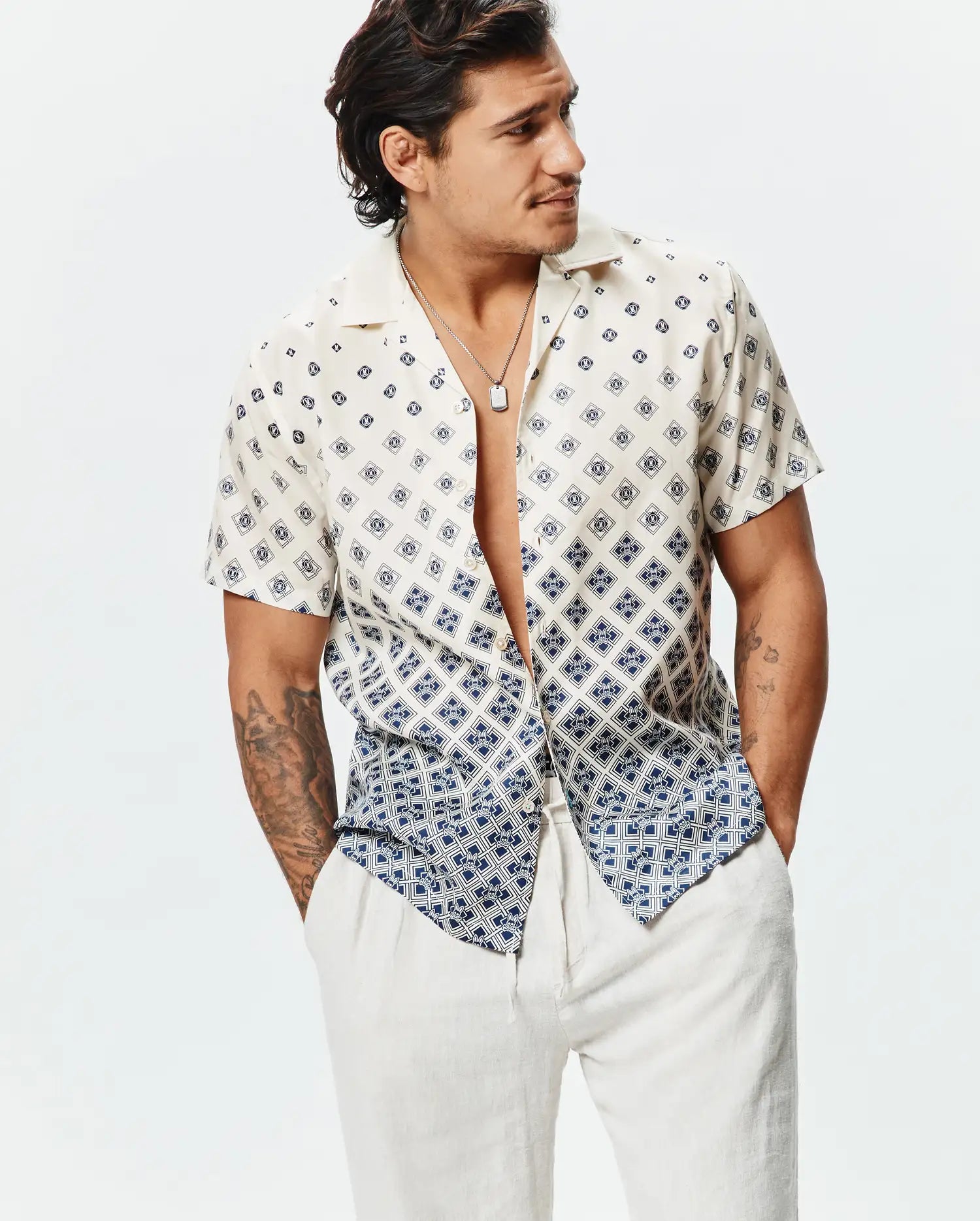 Psycho Bunny Men's Shirts Tobias Tencel Shirt camicia bianca fantasia