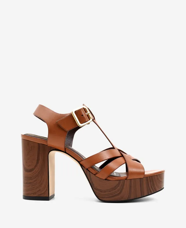 Kenneth Cole Reaction Shoes Lotus Woven Leather T-Strap Wood Platform Sandal sandalo marrone