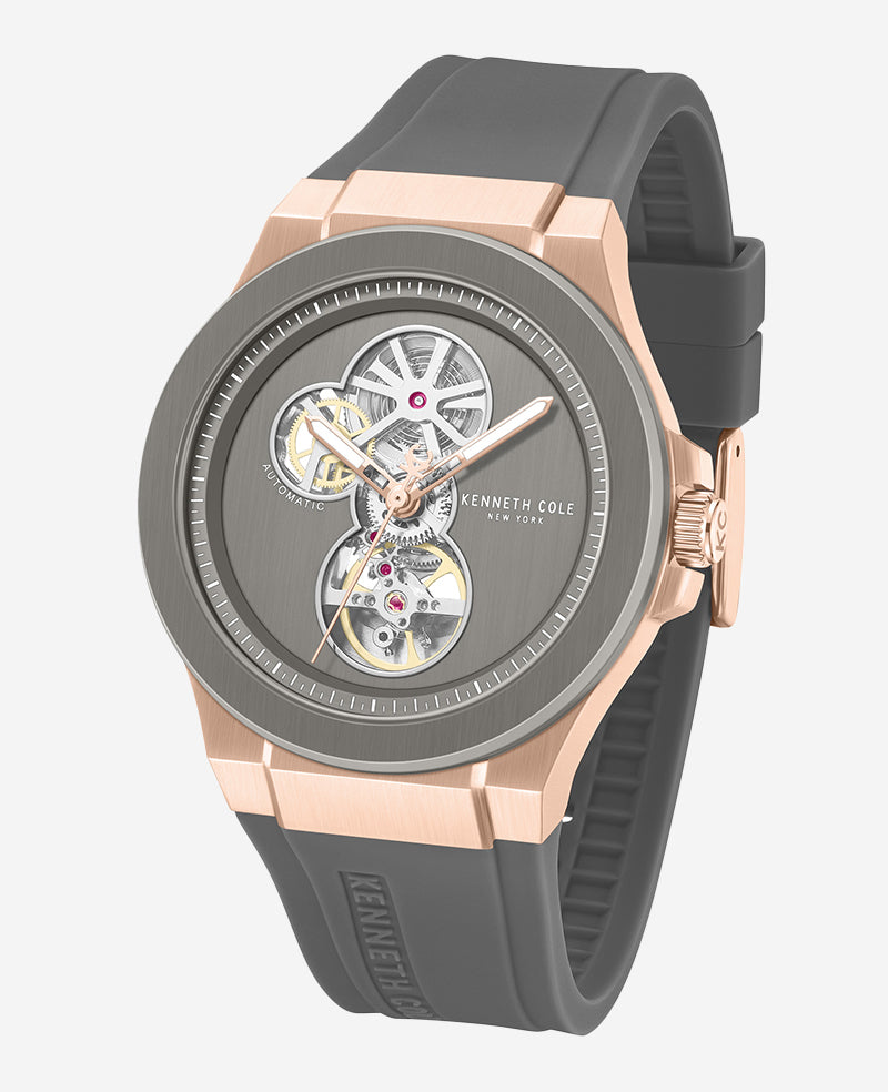 Kenneth Cole Reaction Watches Skeleton Automatic Rose Gold Silicone Strap Watch oro rosa