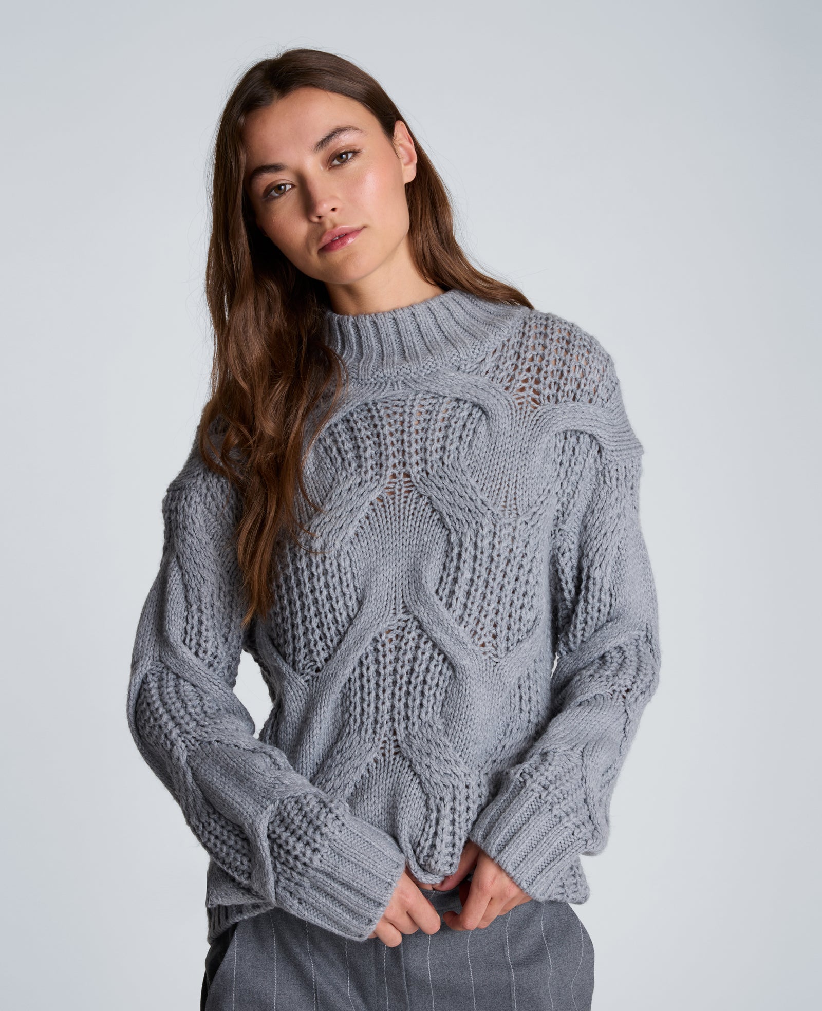 Kenneth Cole Reaction Clothing Oversized Cable Mock Neck Sweater maglione grigio XS