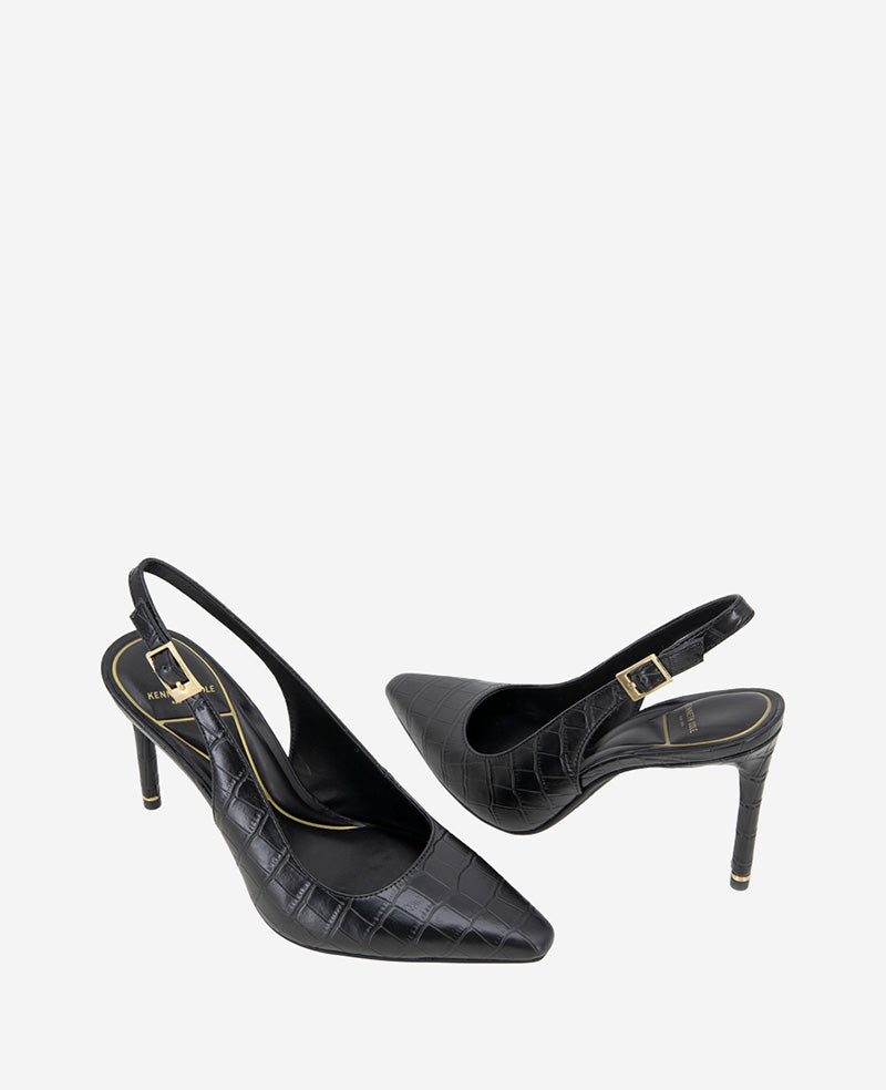Kenneth Cole Reaction Shoes Quinnly Leather Croco Slingback Heel scarpe nere