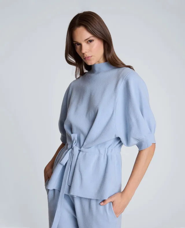 Kenneth Cole Reaction Clothing Short Sleeve Tunnel Belt Mock Neck Sweater maglione Serene Blue in cashmere