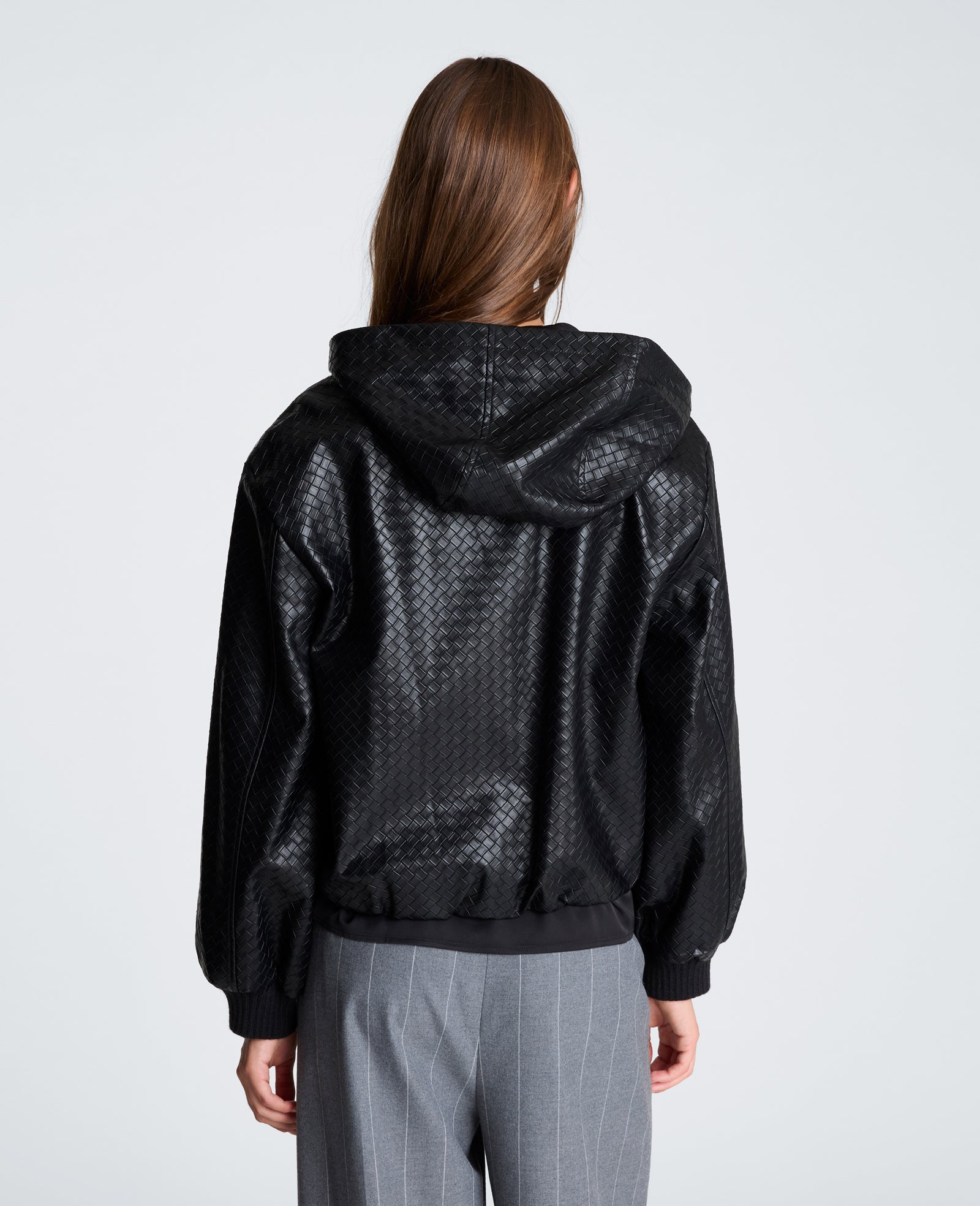 Kenneth Cole Reaction Clothing Hooded Basketweave Vegan Leather Blouson Jacket giacca nera