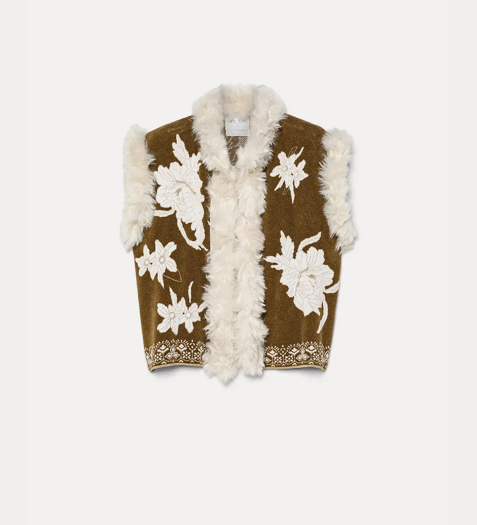 Forte Maglieria The Lotus gilet jacquard cumino con bordo in ecopelliccia