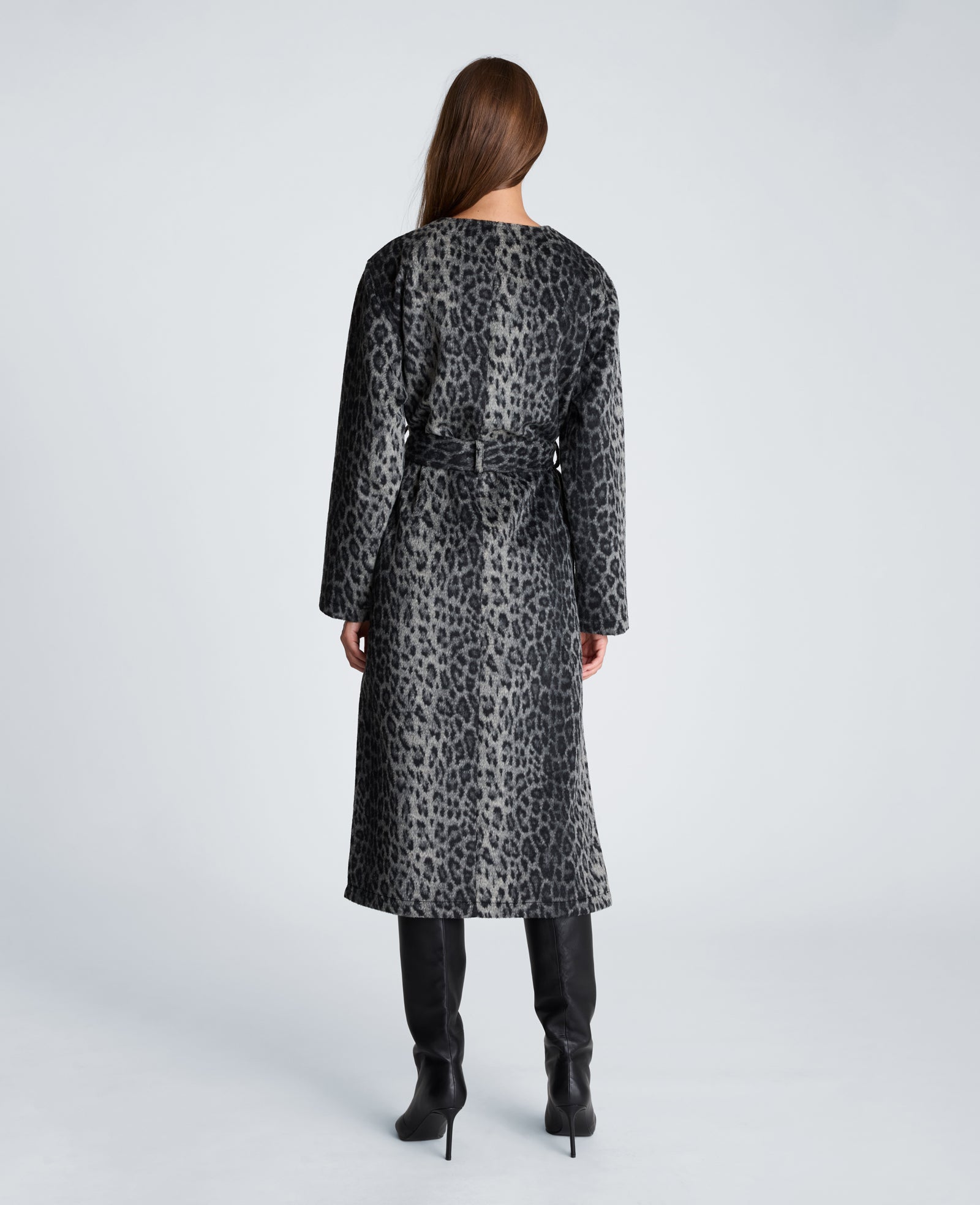 Kenneth Cole Reaction Clothing Jewel Neck Long Wool Wrap Coat cappotto nero leopardato