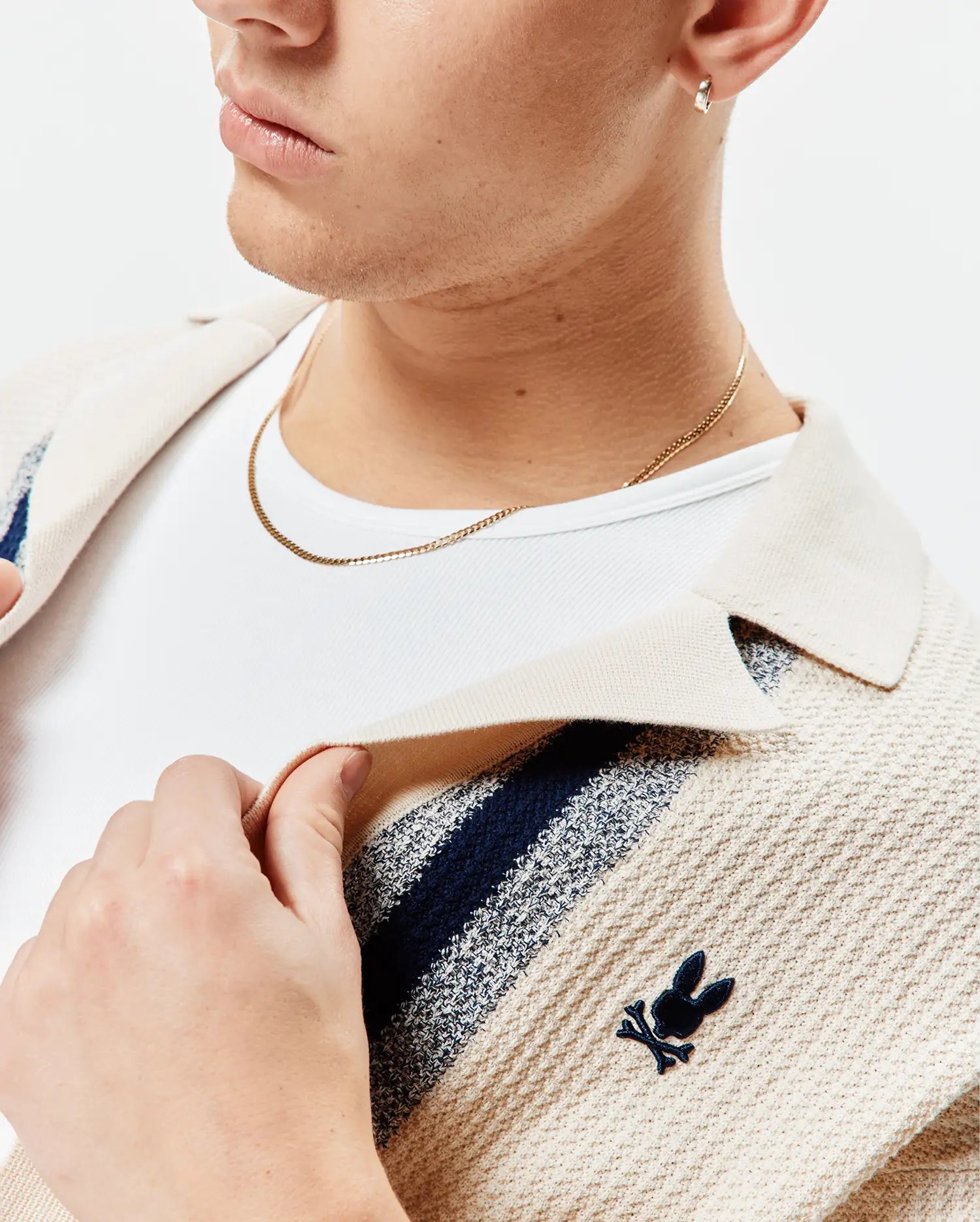 Psycho Bunny Men's Shirts Giles Relaxed Fit Border Knit Shirt camicia beige
