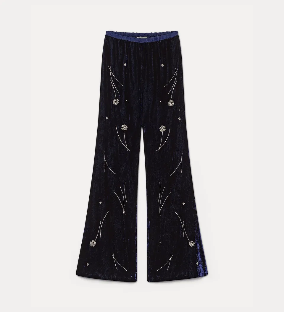 Forte pantaloni Velvet trousers with Fleurs d'Orient embroidery pantaloni notte ricamati
