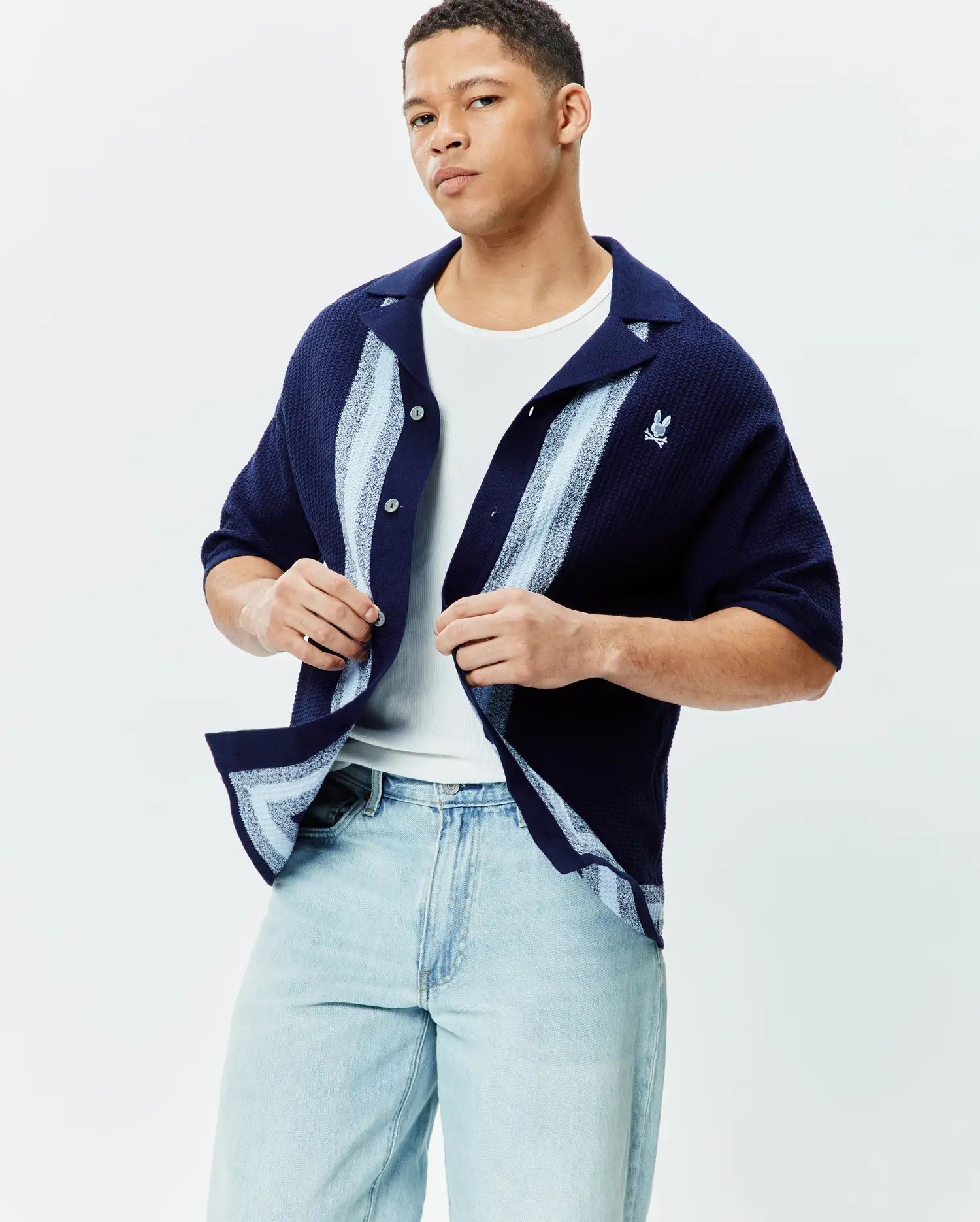 Psycho Bunny Men's Shirts Giles Relaxed Fit Border Knit Shirt camicia blu in maglia