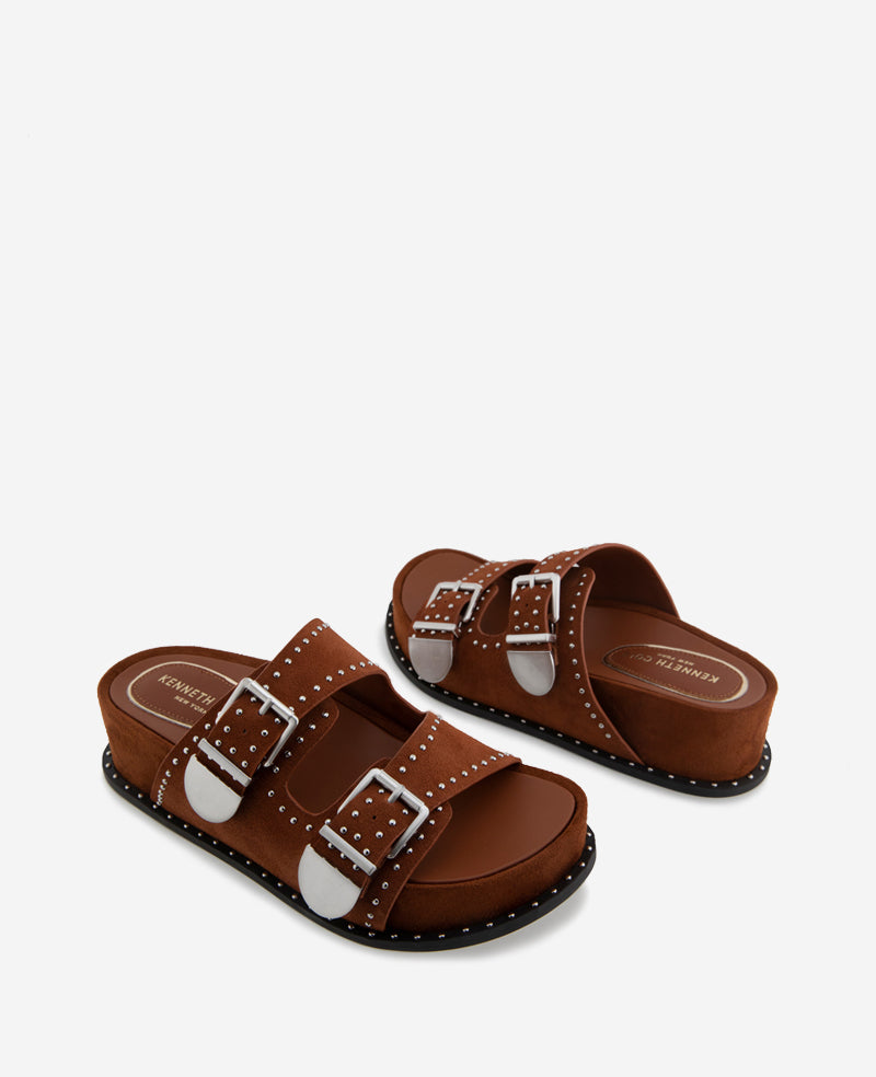 Kenneth Cole Reaction Shoes Gradie Double Buckle Studded Suede Platform Slide Sandal sandali cognac platform