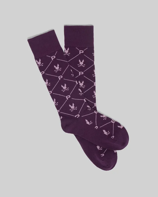 Psycho Bunny Accessories Men's New All Over Bunny Dress Sock calze viola 572, fantasia jacquard
