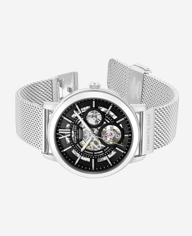 Kenneth Cole Reaction Watches Skeleton Automatic Black Dial orologio Silver