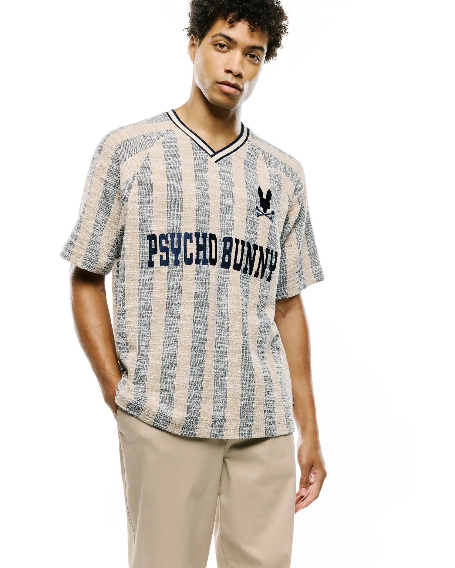 Psycho Bunny Men's Tees Nathaniel Raglan Stripe Jersey maglietta blu 423, righe