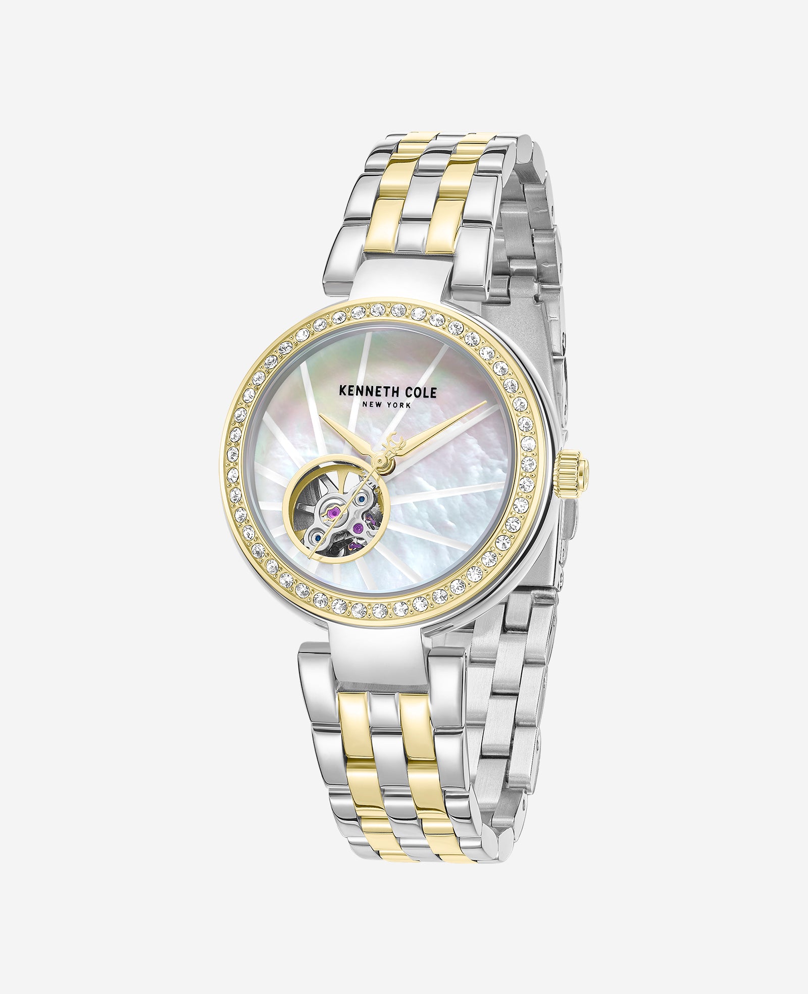 Kenneth Cole Reaction Watches Open Heart Automatic Crystal Lined MOP Dial Two Tone Bracelet Watch