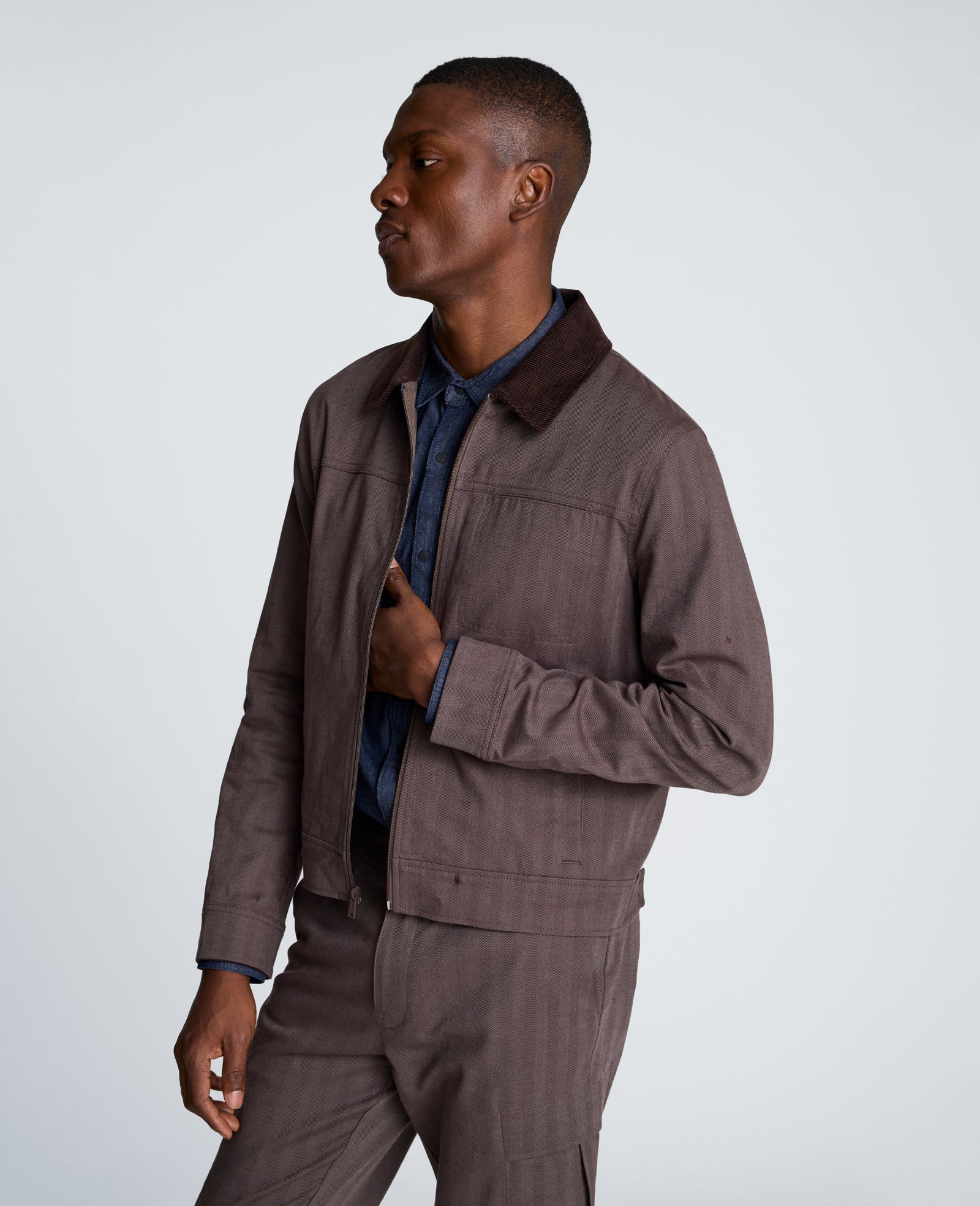 Kenneth Cole Reaction Clothing Zip Front Trucker With Contrast Collar giacca marrone