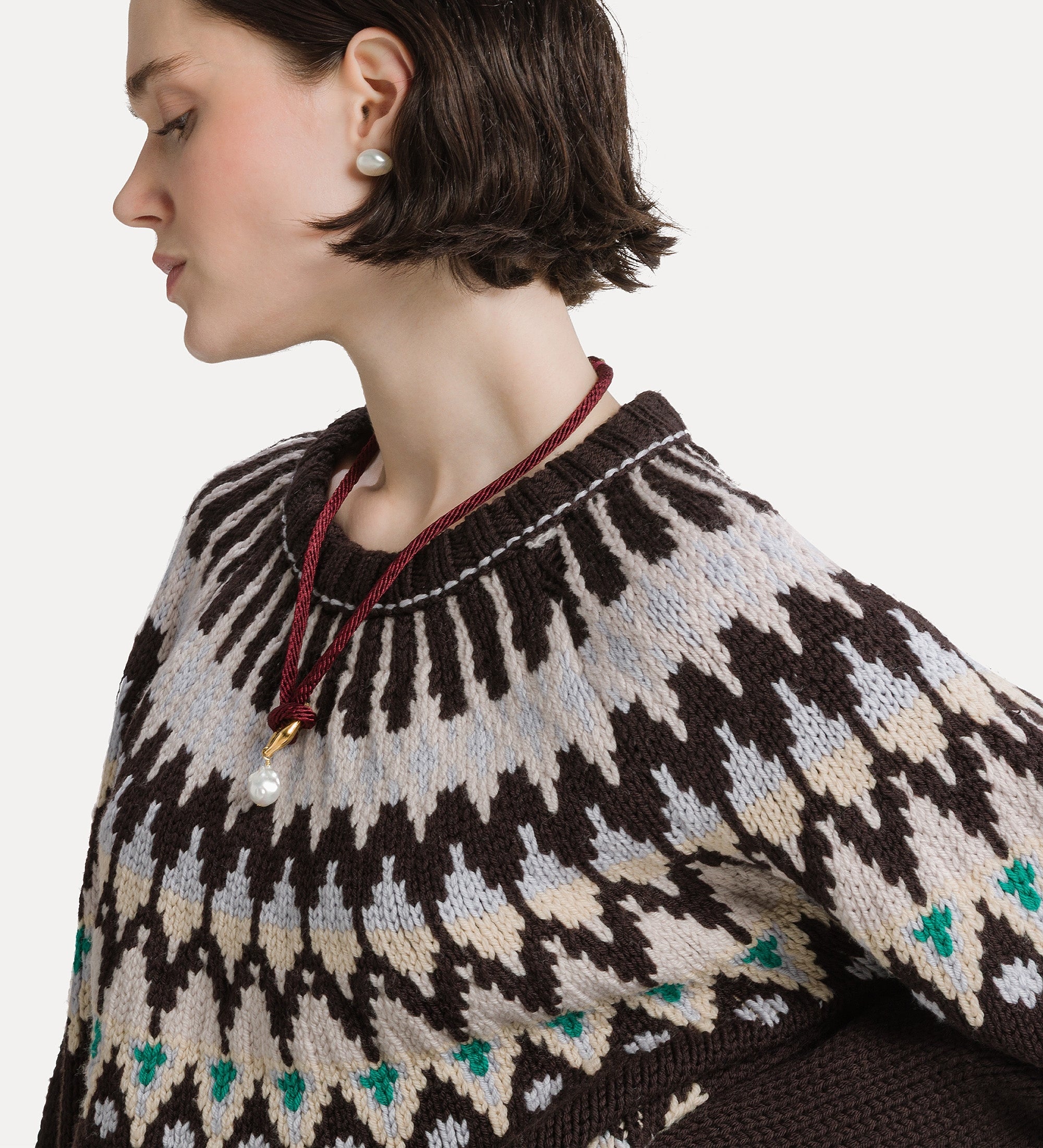 Forte maglieria maglione Fair Isle in lana vergine marrone