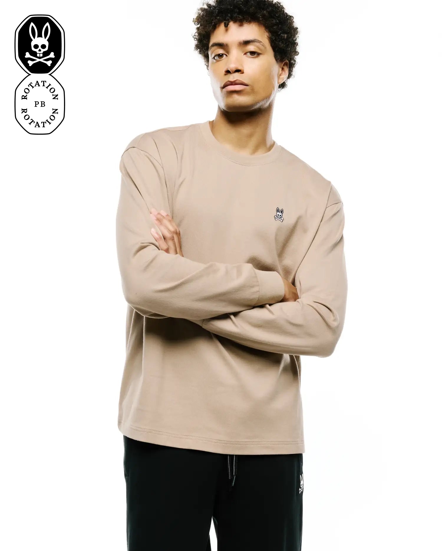 Psycho Bunny Men's Tees Norman Long Sleeve Relaxed Fit Tee MT0200374 maglia beige manica lunga