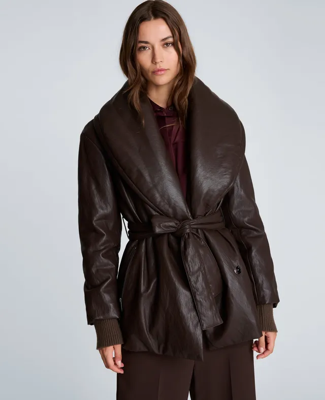 Kenneth Cole Reaction Clothing Faux Leather Belted Robe Coat cappotto Chocolate, oversize