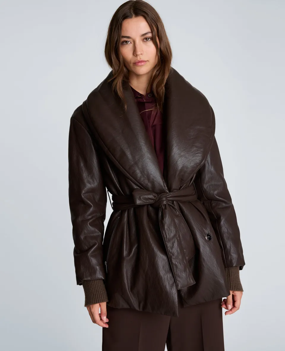 Kenneth Cole Reaction Clothing Faux Leather Belted Robe Coat cappotto Chocolate, oversize