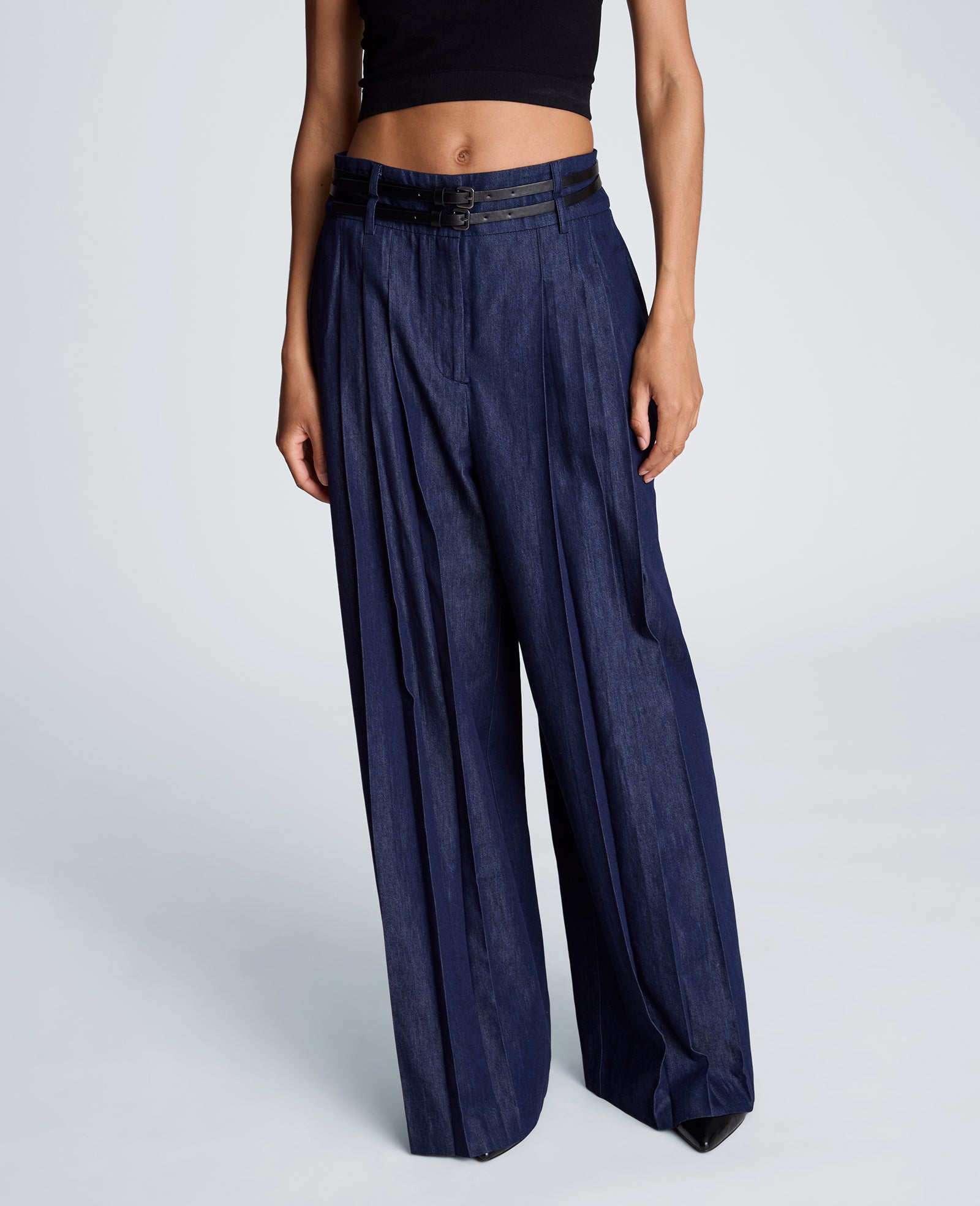 Kenneth Cole Reaction Clothing High Rise Fly Front Pleat Wide Leg Pantaloni Donna Blu