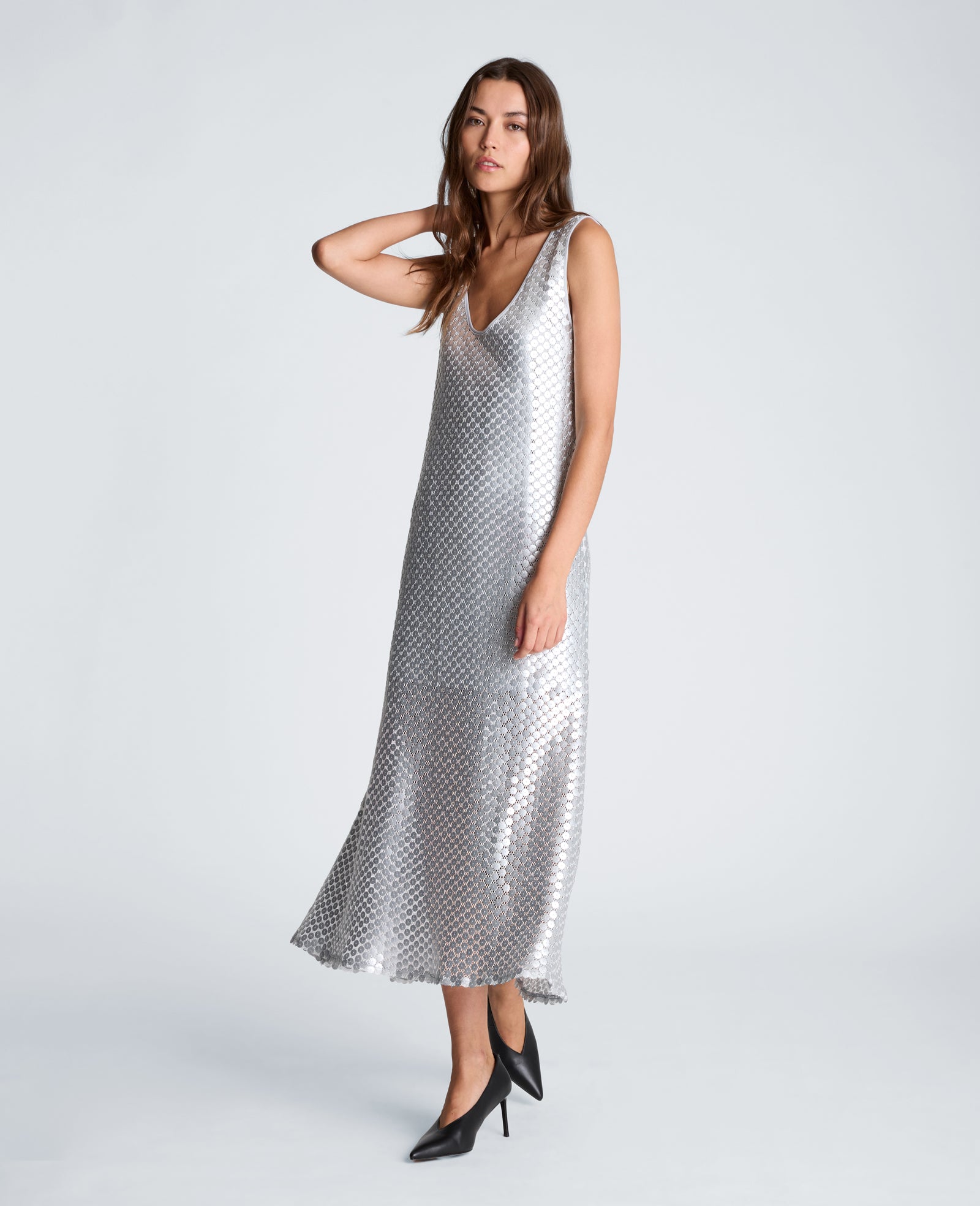 Kenneth Cole Reaction Clothing Tank Midi Slip Dress abito midi argento con paillettes
