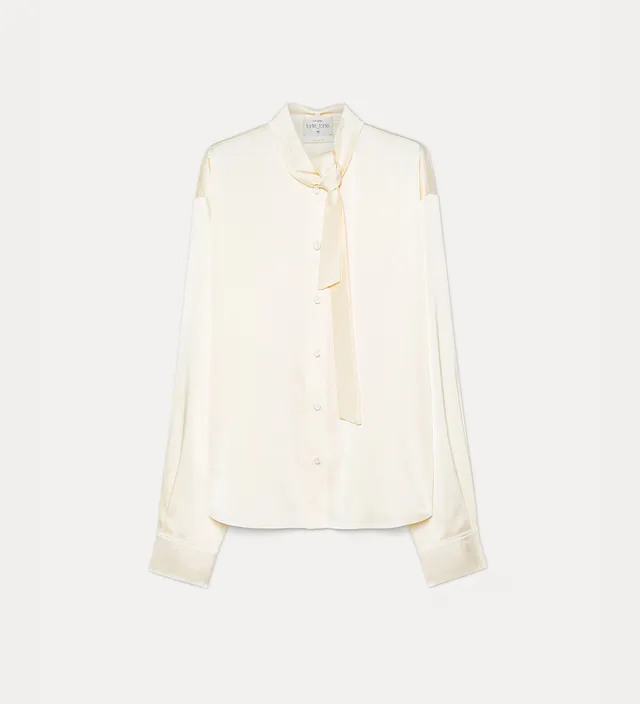 Forte camicia in raso di seta stretch con fiocco avorio