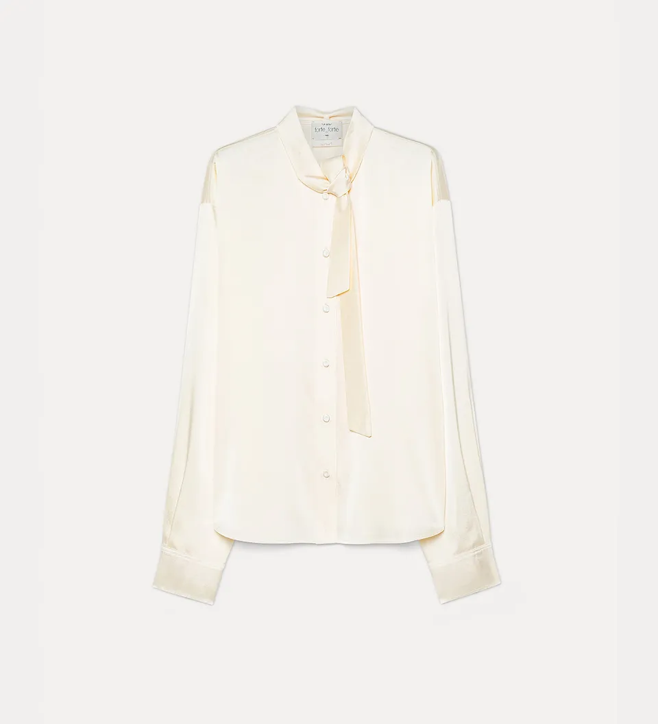 Forte camicia in raso di seta stretch con fiocco avorio