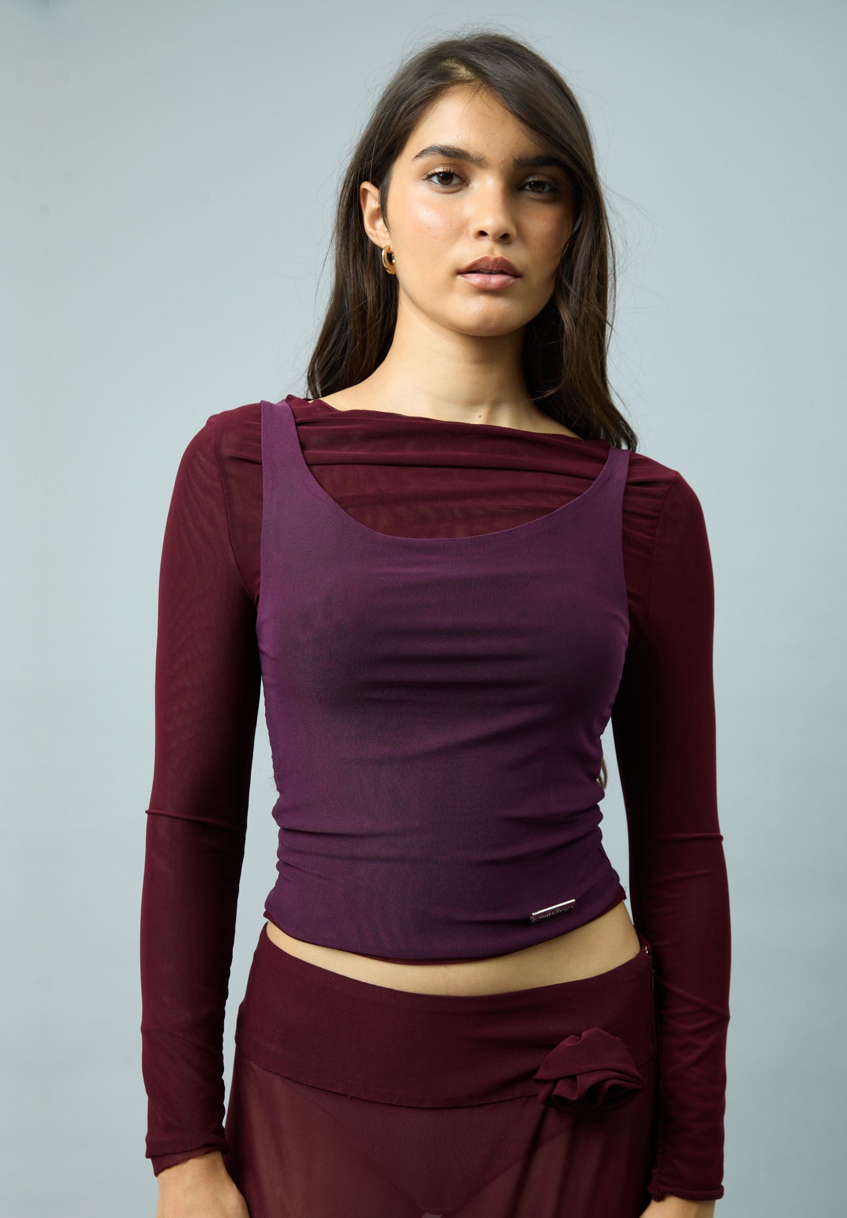 House Of Sunny Womens Tops Burgundy Double Layer Second Skin Top top bordeaux UK 6–18 mesh