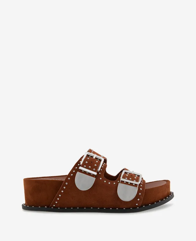 Kenneth Cole Reaction Shoes Gradie Double Buckle Studded Suede Platform Slide Sandal sandali cognac platform