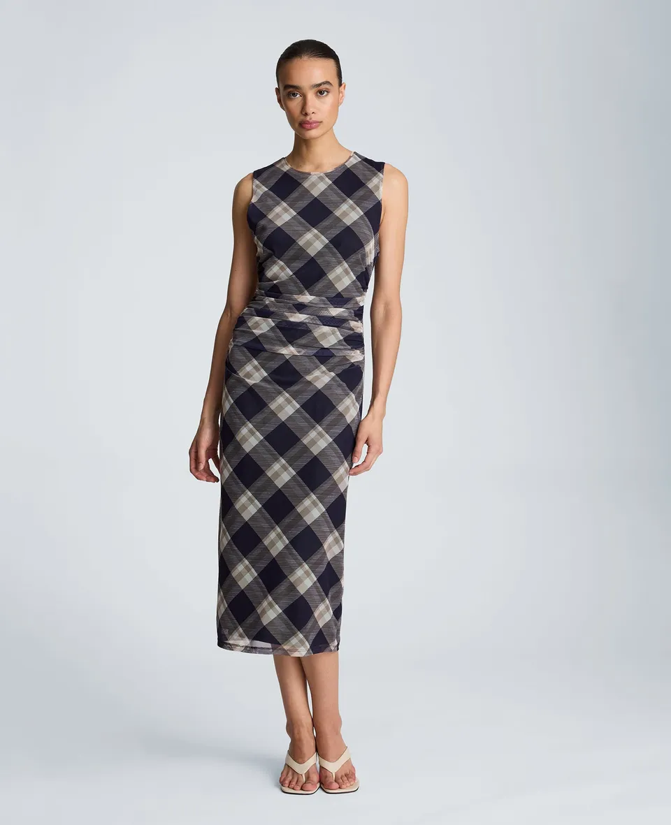 Kenneth Cole Reaction Clothing Side Ruched Midi Dress abito midi blu scuro fantasia