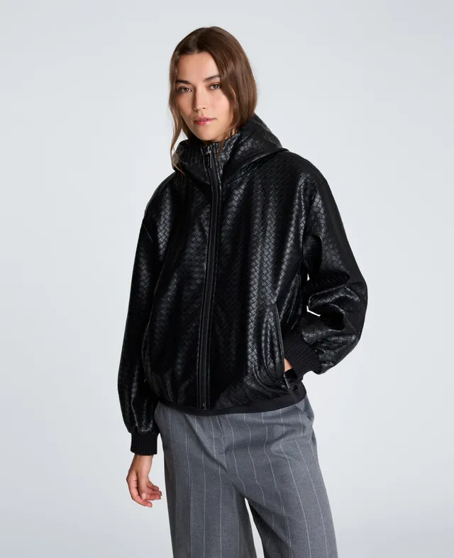 Kenneth Cole Reaction Clothing Hooded Basketweave Vegan Leather Blouson Jacket giacca nera