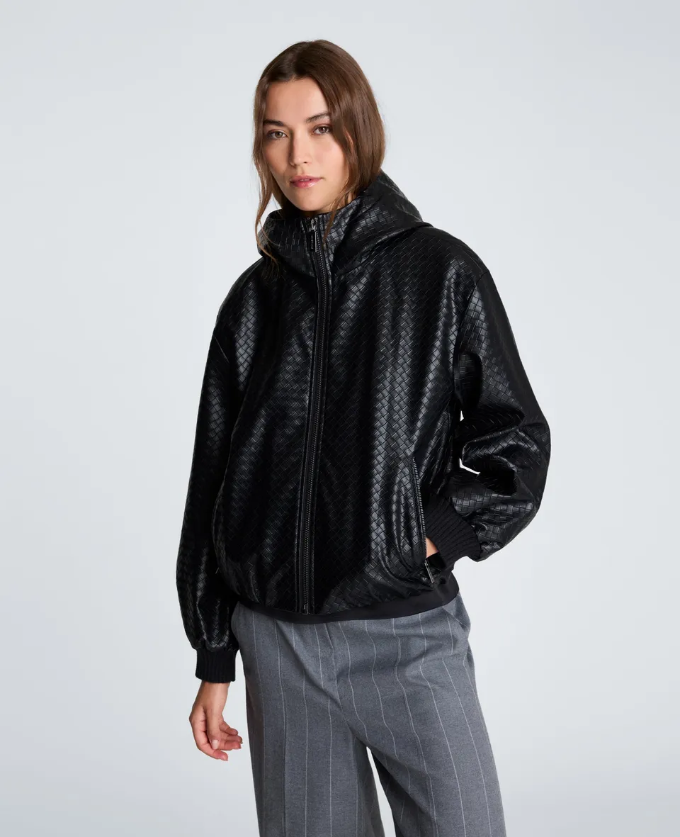 Kenneth Cole Reaction Clothing Hooded Basketweave Vegan Leather Blouson Jacket giacca nera