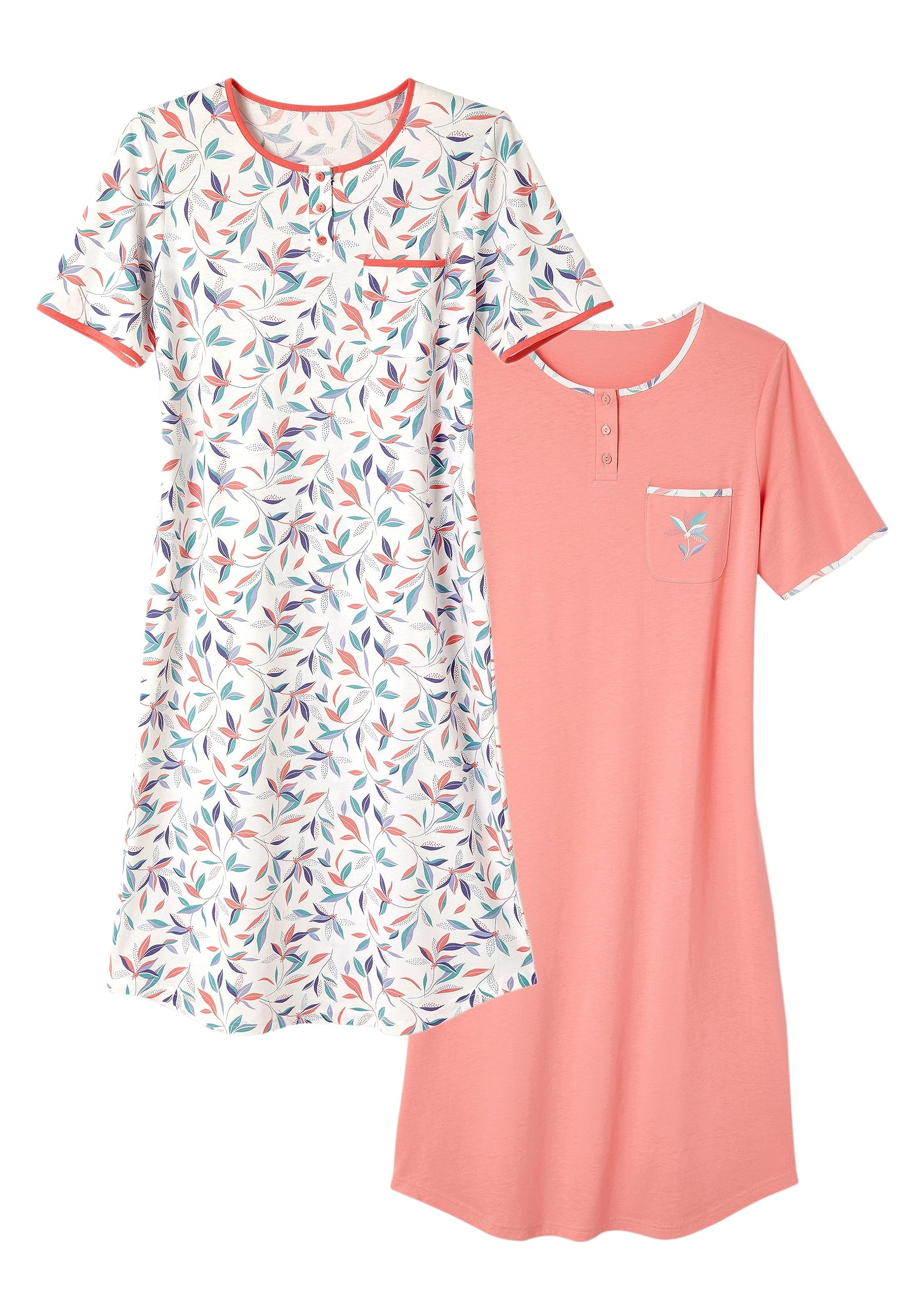 Damart Homewear Set di 2 camicie da notte in puro cotone pettinato Rosa Fogliame 38-40