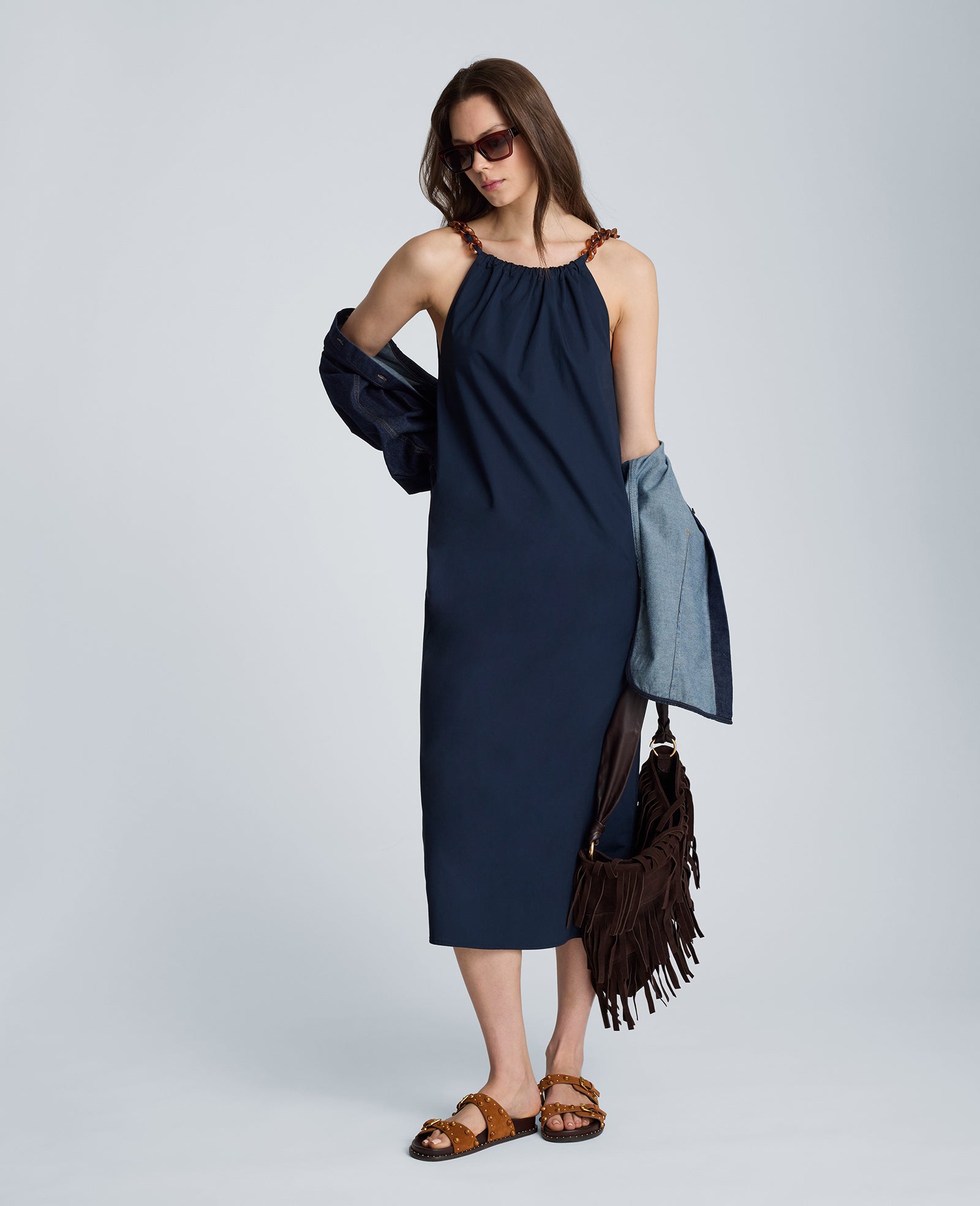 Kenneth Cole Reaction Clothing Tortoiseshell Tie Halter Midi Dress abito midi blu navy