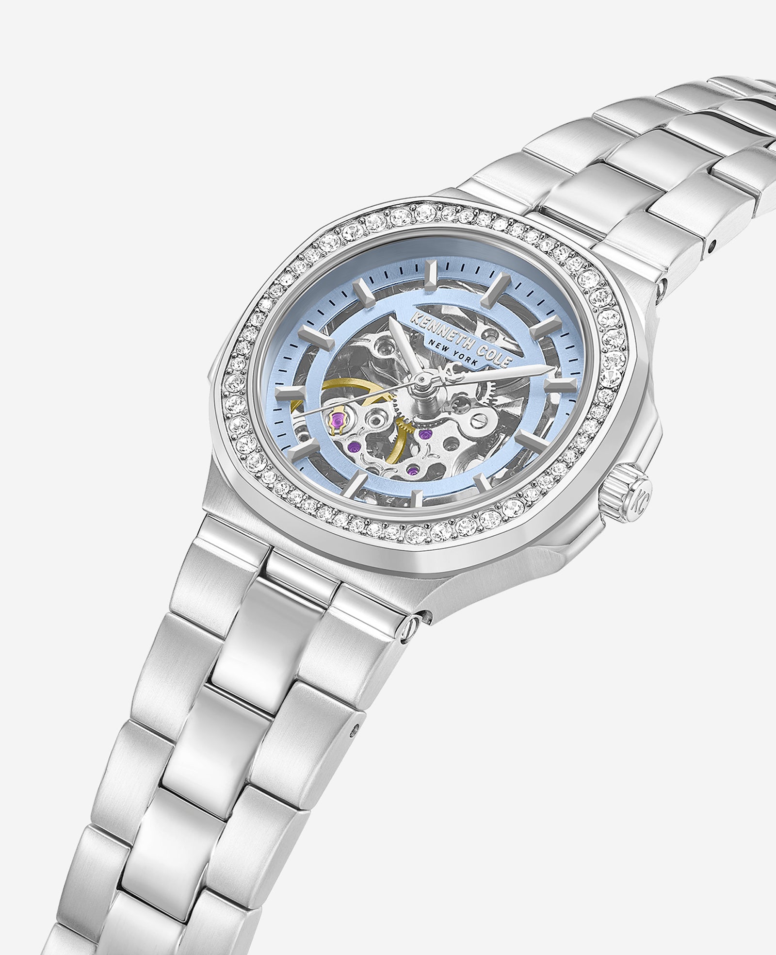 Kenneth Cole Reaction Watches Skeleton Automatic Crystal Lined Outer Dial Bracelet Watch orologio argento