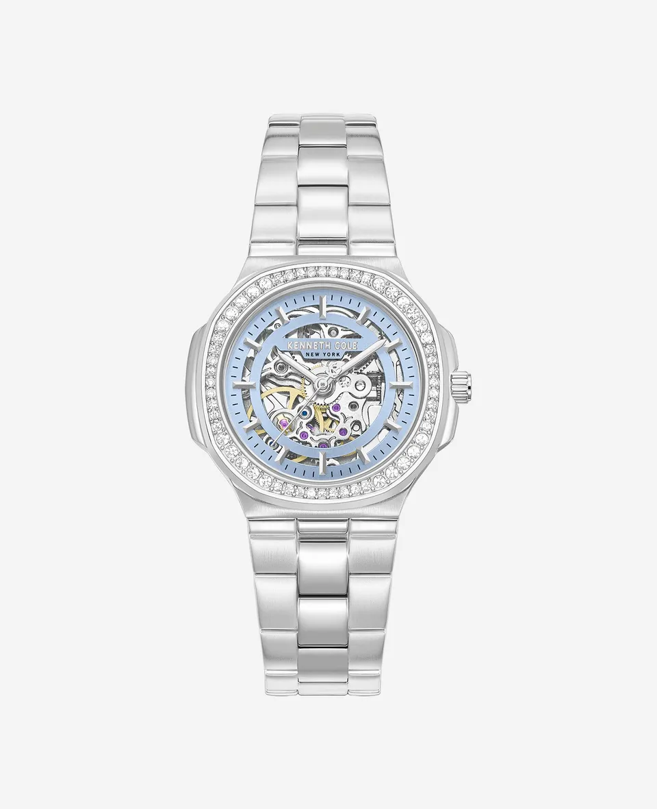 Kenneth Cole Reaction Watches Skeleton Automatic Crystal Lined Outer Dial Bracelet Watch orologio argento