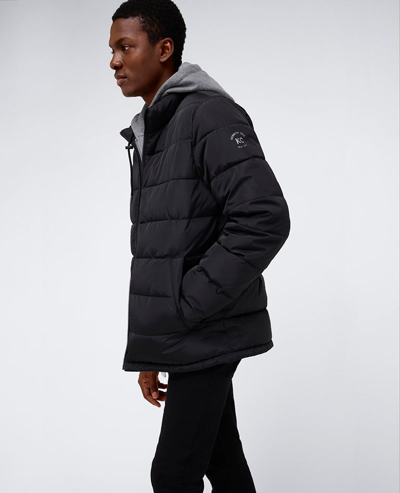 Kenneth Cole Reaction Clothing Puffer with Attached Jersey Hood piumino nero con cappuccio