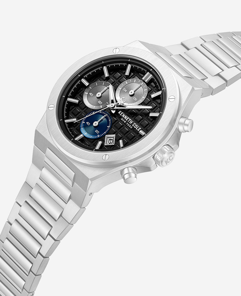 Kenneth Cole Reaction Watches Dress Sport Chronograph Black Dial Stainless Steel Bracelet Watch orologio Silver